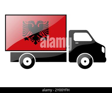 La bandiera albanese dipinta sulla silhouette di un camion. illustrazione lucida Foto Stock