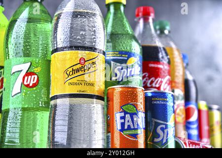 Bottiglie di global marchi di bevande analcoliche inclusi i prodotti della Coca Cola Company e Pepsico Foto Stock