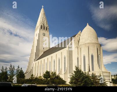 Hallgrimskirkja cattedrale in Reykjavik su una soleggiata giornata estiva con un cielo blu (visto dal retro) Foto Stock