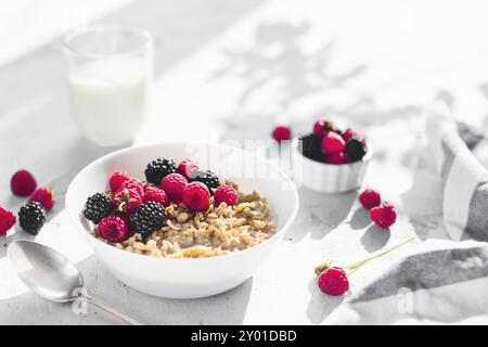 Mattina sana colazione, ciotola bianca piena di granola, muesli, lampone, mora su tavola grigia in cemento. Mangiare sano, eco, concetto di bio-cibo. Foto Stock