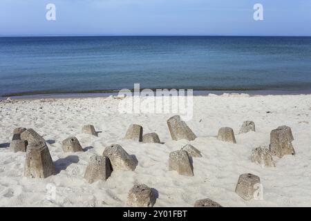 La sabbia bianca del Mar Baltico spiaggia con calcestruzzo blocchi frangiflutti a Penisola di Hel in Polonia, vista verso la Baia di Puck Foto Stock