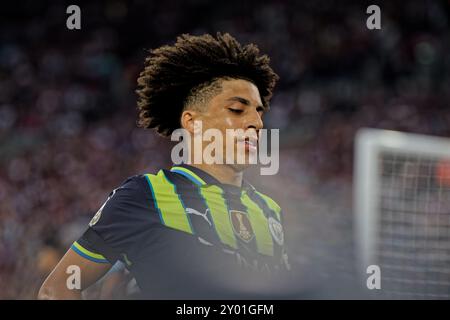 Londra, Regno Unito. 31 agosto 2024. Londra, Inghilterra, agosto 31 2024: Rico Lewis (82 Manchester City) durante la partita di Premier League tra West Ham e Manchester City al London Stadium di Londra, Inghilterra. (Pedro Porru/SPP) credito: SPP Sport Press Photo. /Alamy Live News Foto Stock