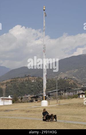 Donna con 2 cani nella parte anteriore di una bandiera di preghiera, Chorten Kora, Trashiyangtse, Est Bhutan Foto Stock