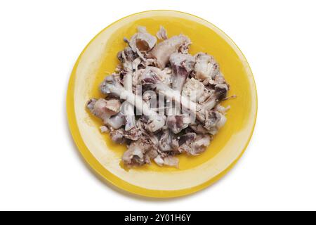 Gli avanzi alimentari, le ossa di carne di pollo si accumulano sul piatto isolato di colore bianco Foto Stock