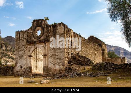 Un'antica chiesa in rovina in una giornata di sole e un paesaggio arido. Foto scattata a Puebla, Messico. Foto Stock