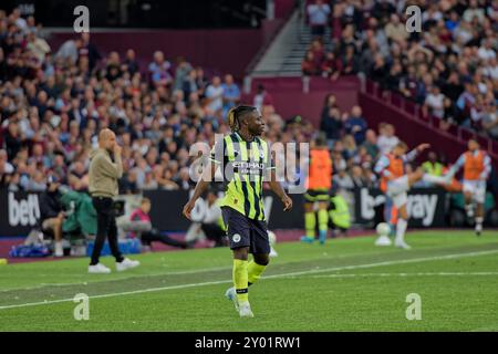 Londra, Regno Unito. 31 agosto 2024. Londra, Inghilterra, agosto 31 2024: Jeremy Doku (11 Manchester City) durante la partita di Premier League tra West Ham e Manchester City al London Stadium di Londra, Inghilterra. (Pedro Porru/SPP) credito: SPP Sport Press Photo. /Alamy Live News Foto Stock