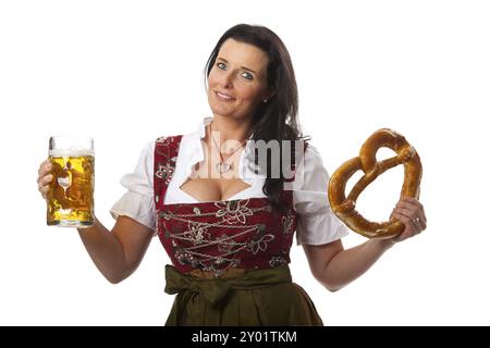 Dirndl, bavarese, donna, birra, pretzel, tazza di birra, messa, Masskrug, tradizione, Oktoberfest, pretzel, abito sporco, scollatura, bestager, migliore, ager, Munic Foto Stock