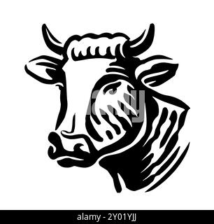 Testa di mucca da fattoria disegnata a mano. Caseificio, latte, stemma di manzo. Schizzo di illustrazione in bianco e nero Illustrazione Vettoriale