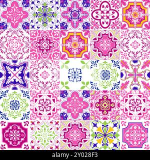 Piastrelle in mosaico con motivo senza cuciture Azulejos portoghese rosa e blu sfondo vettoriale a scacchi, design piastrelle in ceramica per pavimenti Illustrazione Vettoriale