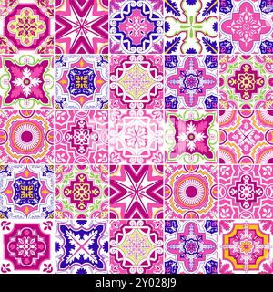 Piastrelle in mosaico con motivo senza cuciture Azulejos portoghese rosa e blu sfondo vettoriale a scacchi, design piastrelle in ceramica per pavimenti Illustrazione Vettoriale