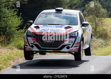 Aberystwyth, Dyfed, Regno Unito. 31 agosto 2024. 2024 FIA European Rally Championship Day 2; il pilota Davide Pesavento e il co-pilota Flavio Zanella nella loro potenza Peugeot 208 Rally4 attraverso la tappa 5 di Nant Y Moch credito: Action Plus Sports/Alamy Live News Foto Stock