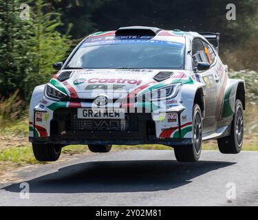 Aberystwyth, Dyfed, Regno Unito. 31 agosto 2024. 2024 FIA European Rally Championship Day 2; pilota Meirion Evans e co-pilota Jonathan Jackson nella loro Toyota GR Yaris potenza attraverso Nant Y Moch fase 5 credito: Action Plus Sports/Alamy Live News Foto Stock