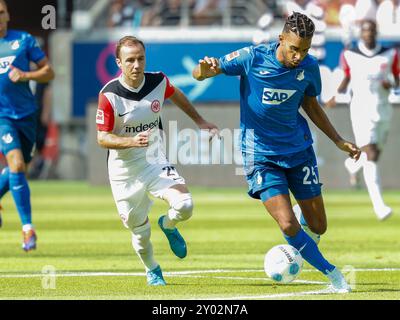 Francoforte sul meno, Germania. 31 agosto 2024. Kevin Akpoguma (TSG Hoffenheim, 25) am Ball, heauptete sich gegen Mario Goetze (Eintracht Frankfurt, 27). 31.08.2024, Fussball, 1. LE NORMATIVE Bundesliga, Eintracht Frankfurt - TSG Hoffenheim, GER, Frankfurt am Main, Deutsche Bank Park, DFL VIETANO QUALSIASI USO DI FOTOGRAFIE COME SEQUENZE DI IMMAGINI E/O QUASI-VIDEO. Credito: dpa/Alamy Live News Foto Stock