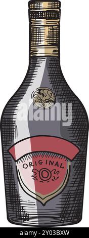 Bottiglia di vetro imbevuta di alcool. Brandy o bourbon disegnati a mano Illustrazione Vettoriale
