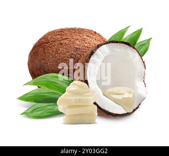 Noci di cocco e gustoso cioccolato isolato su bianco Foto Stock