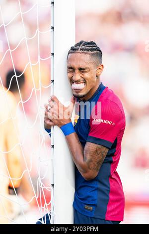 Barcellona, Spagna. 31 agosto 2024. Raphinha del Barcellona reagisce durante la partita di calcio del campionato spagnolo (la Liga) tra FC Barcelona e Real Valladolid, a Barcellona, in Spagna, il 31 agosto 2024. Crediti: Joan Gosa/Xinhua/Alamy Live News Foto Stock