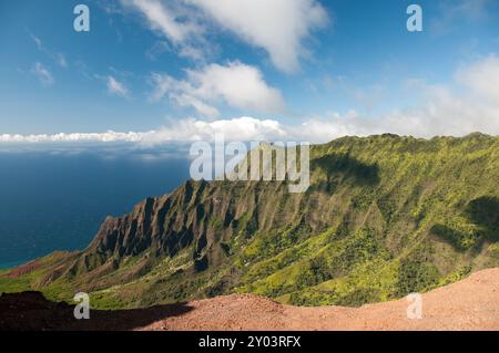 La cima del Waimea Canyon si affaccia sull'Oceano Pacifico Foto Stock