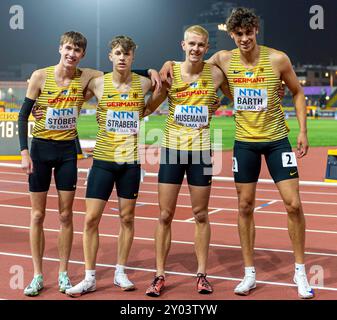 Cedric BARTH (SC Roennau 74), Max HUSEMANN (Eintracht Hildesheim), Tom STOEBER (TV Wetzlar) e Fabian STRABERG (Recklinghaeuser LC), GERMANIA, 4x400m staffetta uomini PER, Leichtathletik, atletica leggera, U20 World Athletics Championships Lima 24, U20 Leichtathletik, U20 Foichtathletik Weltmess 31/2024 Foto Stock