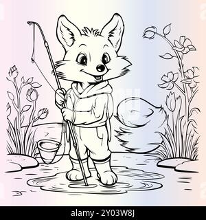 Fox Fishing Coloring Page for Kids 3520121 Illustrazione Vettoriale