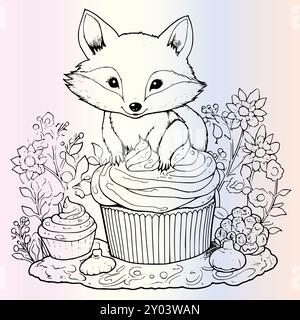 Fox che si nasconde nel disegno della pagina da colorare di Cupcake per bambini Illustrazione Vettoriale