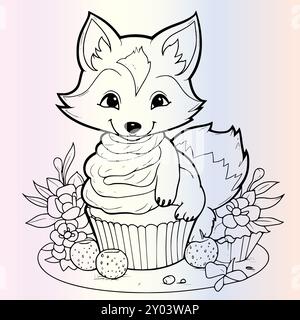 Fox che si nasconde nel disegno della pagina da colorare di Cupcake per bambini Illustrazione Vettoriale