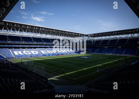 Vista generale all'interno dello stadio vista durante una partita della Liga EA Sports tra RCD Espanyol e Rayo Vallecano allo Stage Front Stadium di Barcellona, Spagna, il 31 2024 agosto. Foto di Felipe Mondino Foto Stock