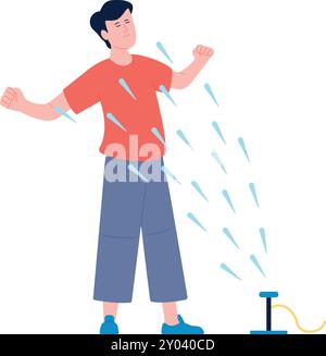 Uomo che si raffredda con un irrigatore ad acqua. Caldo carattere estivo Illustrazione Vettoriale