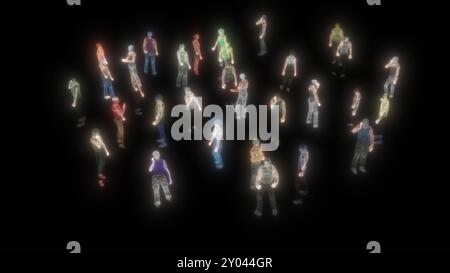 Mesh wireframe per gruppi di persone su rendering nero bg 3d. Foto Stock