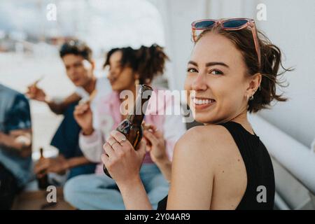 Ritratto di una bella giovane donna che tiene in mano una bottiglia di birra mentre si guarda dietro le spalle al parcheggio Foto Stock