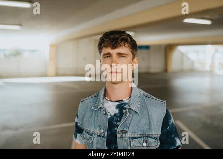 Ritratto di un giovane uomo in giacca di denim nel garage del parcheggio Foto Stock