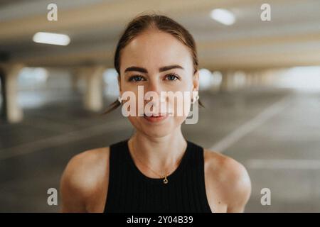 Ritratto di una bella giovane donna in un ambiente informale senza maniche nero nel parcheggio Foto Stock