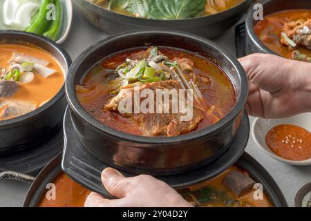 Contorni di piatti coreani, zuppa di costolette di maiale, pentola calda di gopchang e gamjatang Foto Stock