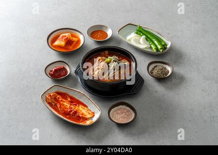 Contorni di piatti coreani, zuppa di costolette di maiale, pentola calda di gopchang e gamjatang Foto Stock