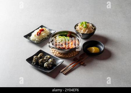 Zuppa di pollo brasato piccante, cibo coreano, zuppa, piedi di pollo, stufato di pollo, frittura in padella, maiale, cartilagine Foto Stock