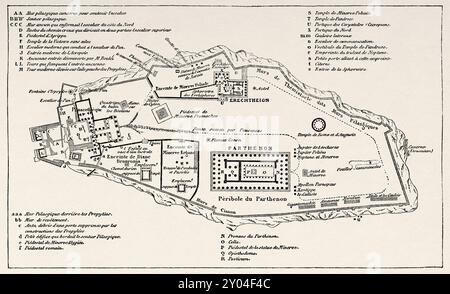 Vecchia mappa dell'Acropoli, Atene. Grecia, da un inverno ad Atene, 1857-1858 di Antonin Proust (1832-1905) le Tour du Monde 1862 Foto Stock