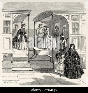 Persone eleganti e vestite che scendono dalla vecchia stazione ferroviaria di Wurtemberg, Germania. Disegno di Dieudonne Lancelot (1823 - 1895) viaggio da Parigi a Bucarest 1860, di Victor Duruy (1811 - 1894) le Tour du Monde 1862 Foto Stock