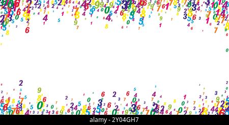 Numeri sparsi. Coloratissime cifre infantili che volano caotiche. Banner di matematica di ritorno a scuola su sfondo bianco. Illustrazione vettoriale dei numeri in caduta Illustrazione Vettoriale