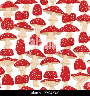 Motivo beige rosso senza cuciture con set di funghi agarici mosche su sfondo bianco. Cartone animato vettoriale disegnato a mano amanita illustrazione ripetibile per A. Illustrazione Vettoriale