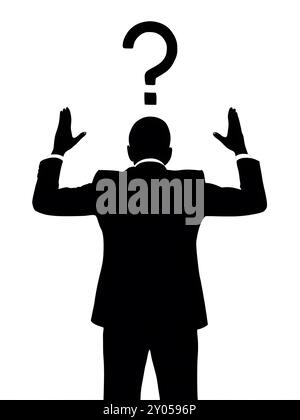 Simbolo nero della testa umana con le parole punto interrogativo. Un uomo d'affari ha un punto interrogativo. Immagine del profilo della silhouette maschile con domanda Foto Stock