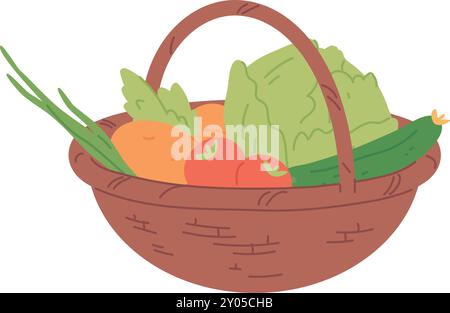 Verdure fresche nel cestello intrecciato. Icona del colore degli alimenti isolata su sfondo bianco Illustrazione Vettoriale