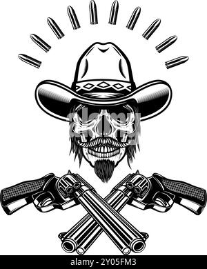 Teschio da cowboy con revolver incrociati. Elemento di design per poster, t shirt, emblema. Illustrazione vettoriale Illustrazione Vettoriale