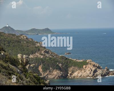 La costa rocciosa con una serie di colline e una fitta vegetazione, il mare calmo e i cieli limpidi creano un'atmosfera tranquilla, Corsica, mediterraneo, francia Foto Stock