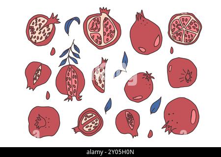 Set di melograni. Frutta intera e mezza. Illustrazione della raccolta di frutti, semi e foglie disegnati a mano su sfondo bianco. Illustrazione Vettoriale