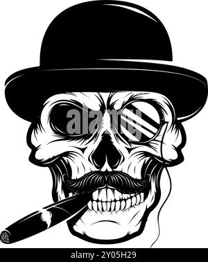 Teschio in cappello con sigaro e monocle. Elemento di design per logo, etichetta, emblema, cartello, marchio, stampa t-shirt. Illustrazione Vettoriale