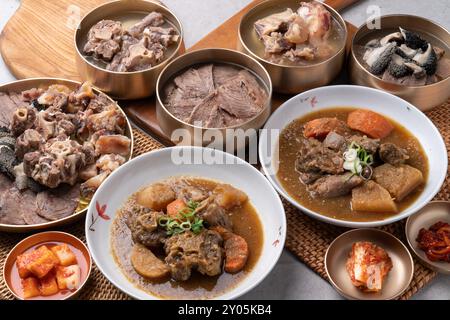 Cucina coreana, manzo coreano, gomtang, mimetismo di manzo, zuppa di crogiolo, carne di maiale bollita, coda di manzo, al vapore, zuppa, contorni, calamari salati, kkakdugi, Foto Stock