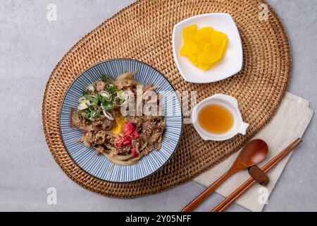 Cibo giapponese, salmone, donburi, gyudon, ramen, sushi, gamberi, pesce piatto, uova, ciambelle, contorni Foto Stock