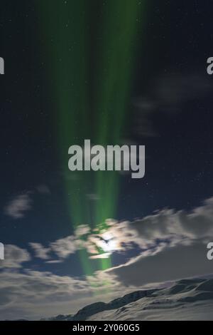 Aurora boreale (Aurora boreale) sulle montagne illuminate dalla luna sul sentiero escursionistico a lunga distanza Kungsleden, Alesjaure, Norrbotten, Lapponia, Svezia, 2 marzo Foto Stock