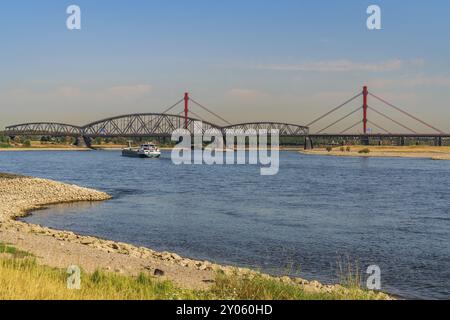 Duisburg, Renania settentrionale-Vestfalia, Germania, 7 agosto 2018: Un prato arroccato sul fiume Reno con il ponte Beeckerwerther e la ferrovia Haus-Knipp Foto Stock