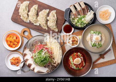 Cibo coreano, spaghetti freddi, spaghetti freddi, gnocchi cotti a mano, gnocchi, gnocchi al vapore, hot pot di manzo bulgogi, manzo, hot pot, king galgitang, g Foto Stock