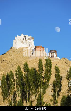 Il castello di Tsemo e Namgyal Tsemo Gompa sulla cima di una montagna con il sorgere della luna visto dalla distanza del teleobiettivo in Leh, Ladakh, India. In verticale Foto Stock